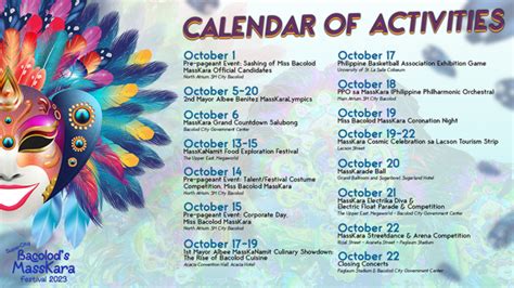 BACOLOD MASSKARA FESTIVAL 2023 Schedule of Activities.